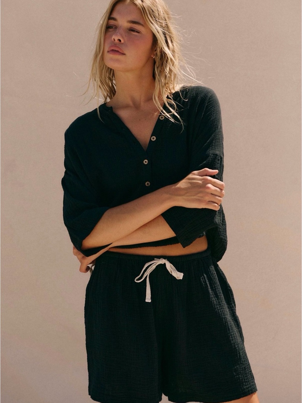Free People Cyrus Black Button Henley Top and Shorts Set